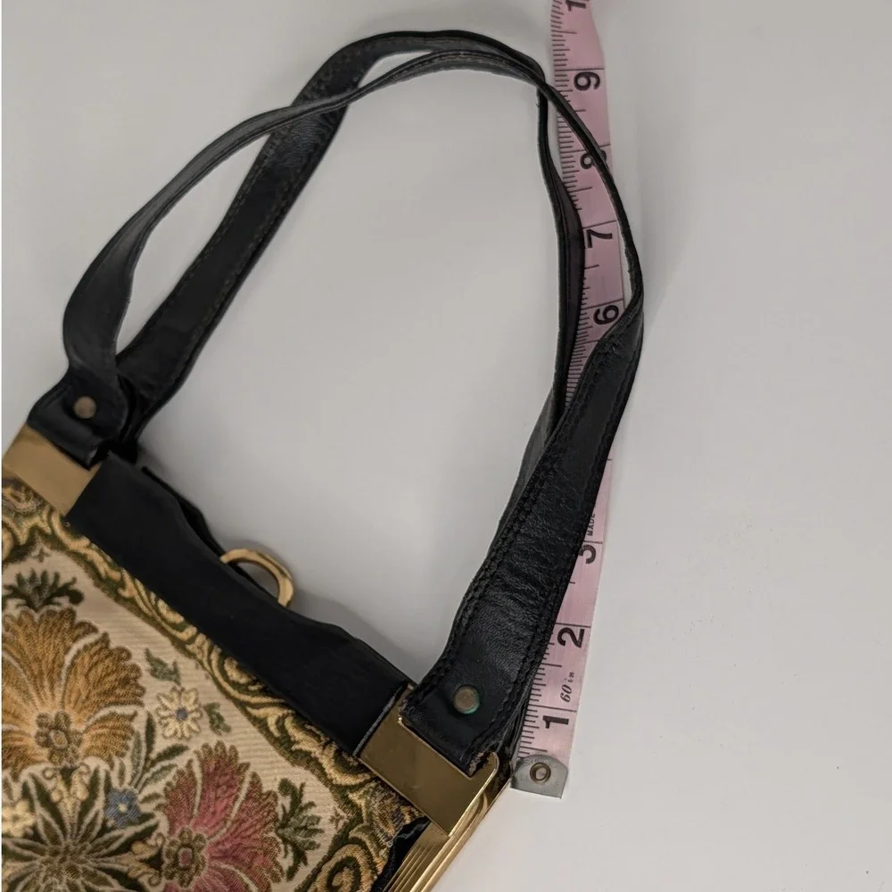 Vintage Made in Germany Floral Tapestry Black Leather Shoulder Bag Handbag Gold